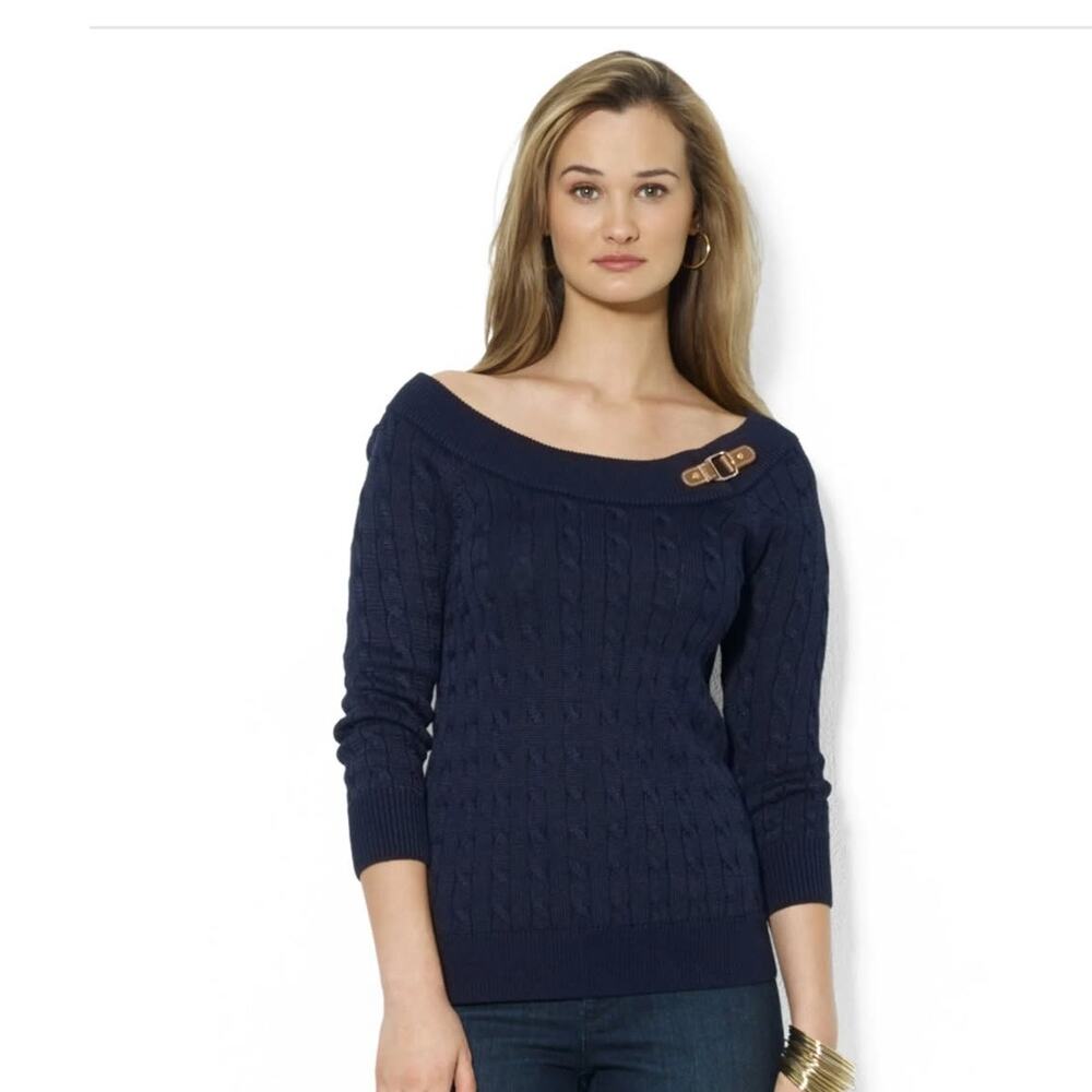 Navy Lauren By Ralph Lauren Cableknit Leather Buckle Sweater Size S